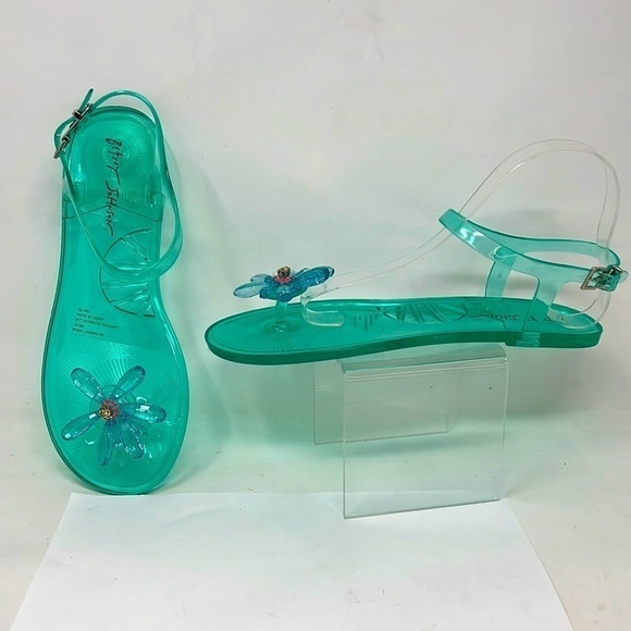 Betsey Johnson Sz 10 Sarai Jelly Teal Flat Sandals - Picture 1 of 7
